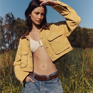 Free People We The Free Cropped Martha Yellow Jacket with Brown Collar size XS